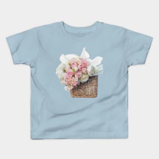 Bunch of pink and white peonies flowers in a wicker basket Kids T-Shirt